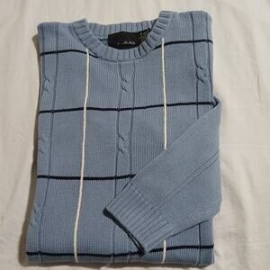 VTG Bill Blass Men's L 100% Cotton Lt Blue Cable-Knit Windowpane Plaid Sweater